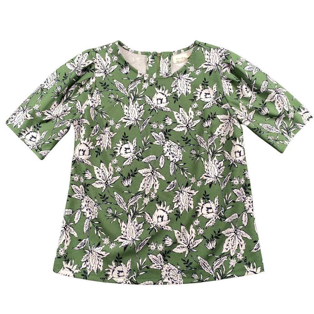 Melloday Green Floral Puff Short Sleeve Blouse Round Neck Back Zip WP881
